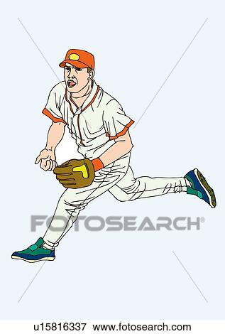 Stock Illustration - Painting of a fielder fielding, Illustration. Fotosearch