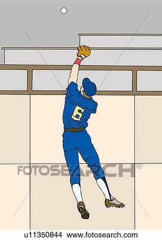 Stock Illustration - Painting of a fielder jumping to catch a ball, Illustration. Fotosearch