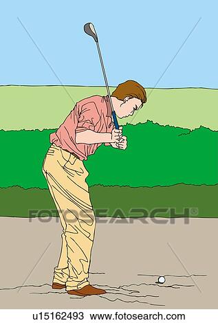 Drawing - Painting of a golf player hitting the ball out of bunker, Illustration. Fotosearch