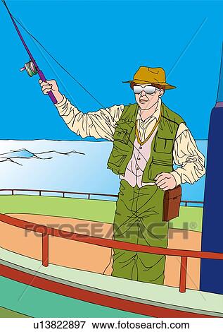 Painting of a mid adult man fishing on a boat, Illustration View Large Illustration Stock Illustration - Painting of a mid adult man fishing on a boat, Illustration. Fotosearch