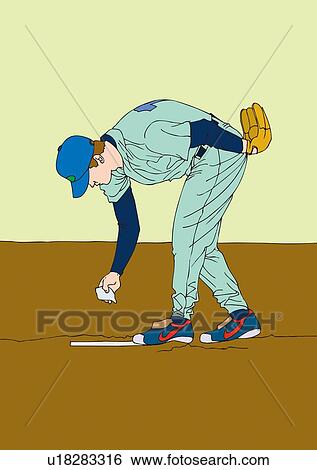 Stock Illustration - Painting of a pitcher bending over, Illustration. Fotosearch