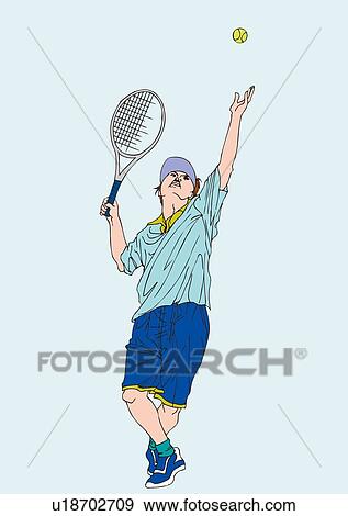 Stock Illustration - Painting of a tennis player serving a ball, Illustration. Fotosearch
