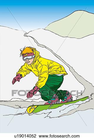 Drawing - Painting of a young adult man snowboarding, Illustration. Fotosearch