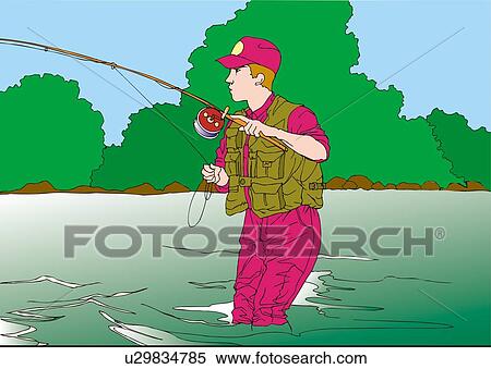Painting of a young adult man fishing in a river, Illustration View Large Illustration Stock Illustration - Painting of a young adult man fishing in a river, Illustration. Fotosearch
