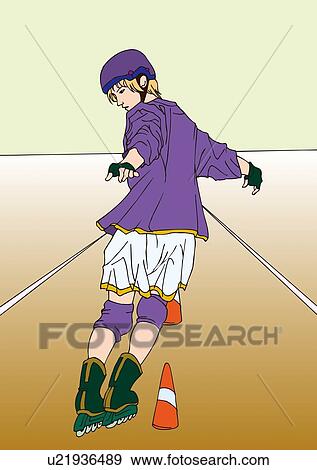 Stock Illustration - Painting of a young adult man in-line skating backwards, Illustration. Fotosearch