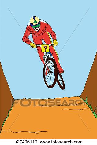 Stock Illustration - Painting of a young adult man riding Mountain bike, Illustration. Fotosearch