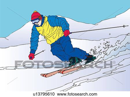 Clipart - Painting of a young adult man Skiing, Illustration. Fotosearch