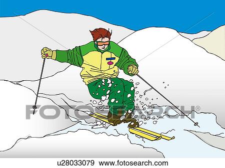 Stock Illustration - Painting of a young adult man Skiing, Illustration. Fotosearch
