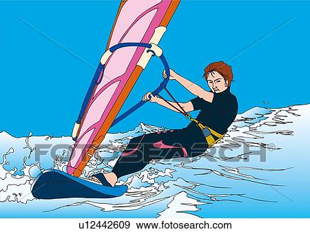 Stock Illustration - Painting of a young adult man windsurfing, Illustration. Fotosearch
