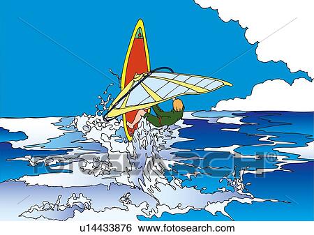 Stock Illustration - Painting of a young adult man windsurfing, Illustration. Fotosearch