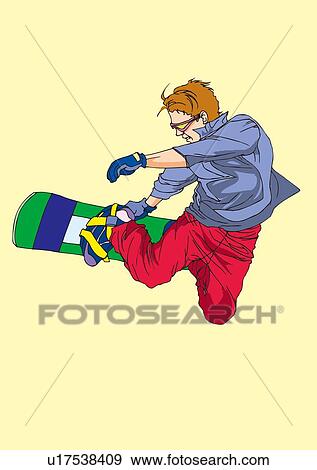 Stock Illustration - Painting of a young adult man snowboarding, Illustration. Fotosearch