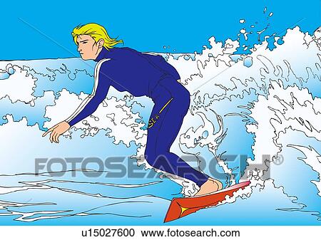 Clipart - Painting of a young adult man surfing, Illustration. Fotosearch