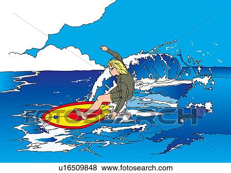 Stock Illustration - Painting of a young adult man surfing, Illustration. Fotosearch