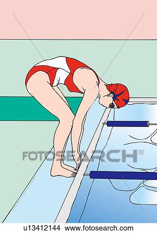 Stock Illustration - Painting of a young adult woman diving into the water, Side View, Illustration. Fotosearch
