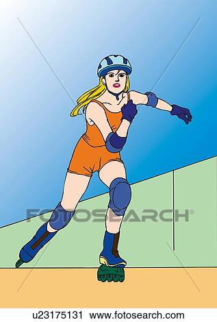 Clip Art - Painting of a young adult woman in-line skating, Illustration. Fotosearch