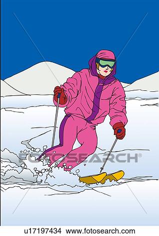 Painting of a young adult woman Skiing, Illustration View Large Illustration Stock Illustration - Painting of a young adult woman Skiing, Illustration. Fotosearch