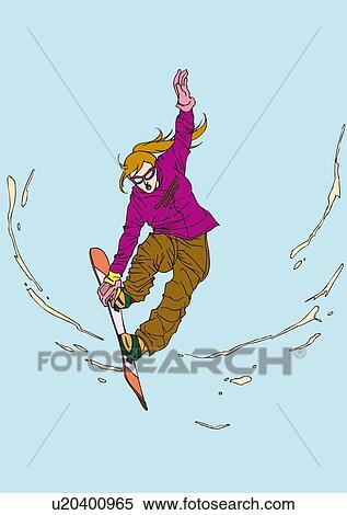Stock Illustration - Painting of a young adult woman snowboarding, Illustration. Fotosearch