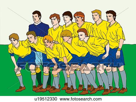 Clipart - Painting of football players posing for camera, Illustration. Fotosearch
