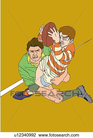 Drawing - Painting of rugby players scrambling for the ball, Illustration. Fotosearch