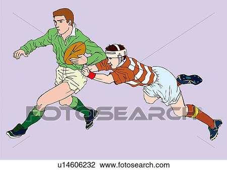 Drawing - Painting of rugby players scrambling for the ball, Illustration. Fotosearch