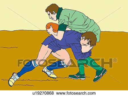 Stock Illustration - Painting of rugby players scrambling for the ball, Illustration. Fotosearch