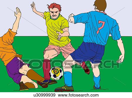 Painting of three football players playing game, Illustration View Large Illustration Stock Illustration - Painting of three football players playing game, Illustration. Fotosearch