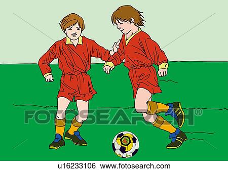 Stock Illustration - Painting of two boys playing football game, Illustration. Fotosearch
