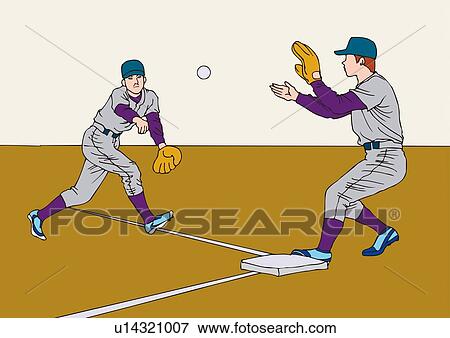 Painting of two fielders pitching and catching a ball, Illustration View Large Illustration Stock Illustration - Painting of two fielders pitching and catching a ball, Illustration. Fotosearch