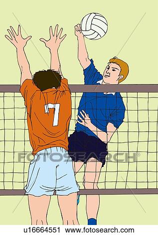 Painting of volleyball players spiking and blocking the ball, Illustration View Large Illustration Clip Art - Painting of volleyball players spiking and blocking the ball, Illustration. Fotosearch
