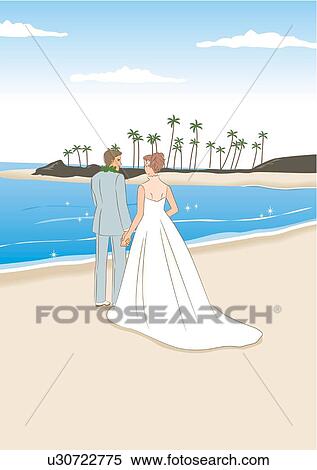 Stock Illustration - Back of bridal couple standing hand in hand on beach, rear view. Fotosearch