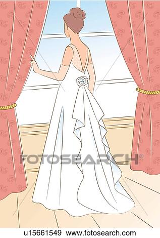 Back of bride standing and looking outside through the window, rear view View Large Illustration Stock Illustration - Back of bride standing and looking outside through the window, rear view. Fotosearch