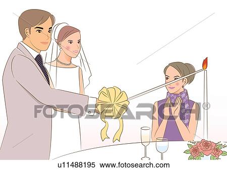 Bridal 恋人 照明 A ろうそく 上に テーブル 一緒に A ゲスト 叩く 手 イラスト U Fotosearch