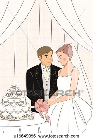Stock Illustration - Bridal couple cutting wedding cake, groom looking at bride who is closing eyes. Fotosearch