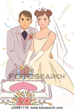 Stock Illustration - Bridal couple cutting wedding cake, groom putting arm around bride, portrait. Fotosearch