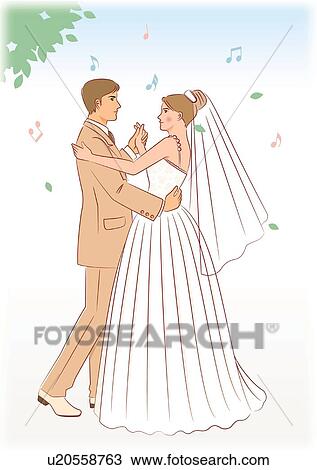 Bridal couple dancing outside, side view View Large Illustration Drawing - Bridal couple dancing outside, side view. Fotosearch