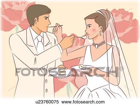 Stock Illustration - Bridal couple feeding cake each other, side view. Fotosearch