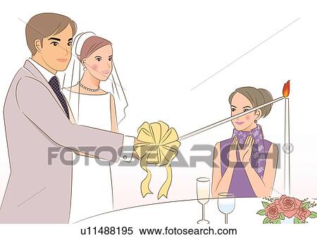 Stock Illustration - Bridal couple lighting a candle on table together, a guest clapping hands. Fotosearch