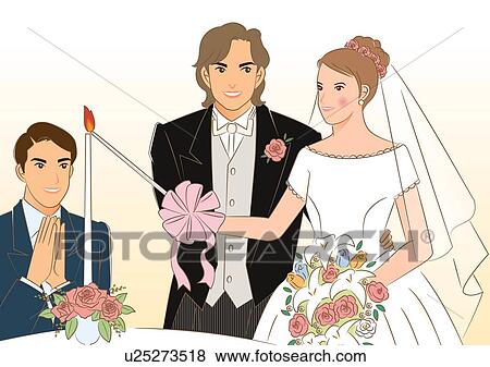 Bridal couple lighting a candle on table together, a guest clapping hands, front view View Large Illustration Stock Illustration - Bridal couple lighting a candle on table together, a guest clapping hands, front view. Fotosearch