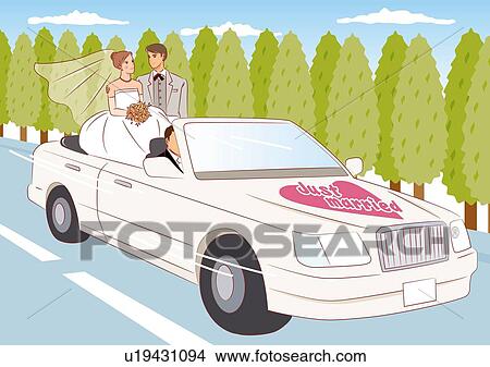 Stock Illustration - Bridal couple sitting in car, looking at each other, side view. Fotosearch