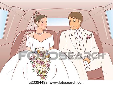 Drawing - Bridal couple sitting on seats of limousine, front view. Fotosearch