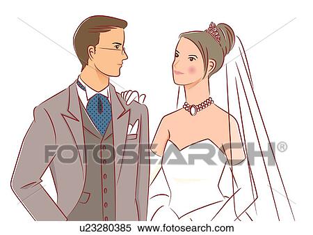 Stock Illustration - Bridal couple smiling and looking at each other, bride putting hand on shoulder of groom, front view. Fotosearch