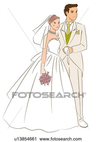 Clip Art - Bridal couple smiling and standing together, bride holding wedding bouquet, portrait. Fotosearch