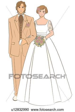 Bridal couple smiling and standing side by side, bride holding wedding bouquet made of pink flowers, front view View Large Illustration Clipart - Bridal couple smiling and standing side by side, bride holding wedding bouquet made of pink flowers, front view. Fotosearch