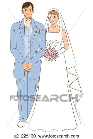 Clipart - Bridal couple smiling and standing side by side, bride holding wedding bouquet, front view. Fotosearch