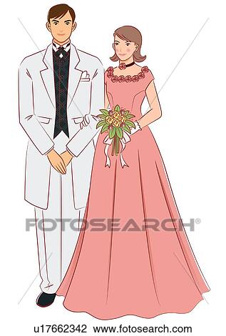 Bridal couple smiling and standing side by side, bride holding wedding bouquet, front view View Large Illustration Drawing - Bridal couple smiling and standing side by side, bride holding wedding bouquet, front view. Fotosearch