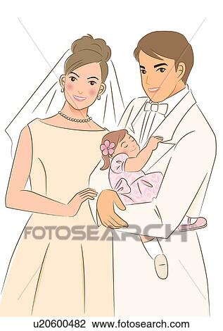 Drawing - Bridal couple smiling and standing side by side, groom holding a sleeping girl, portrait. Fotosearch
