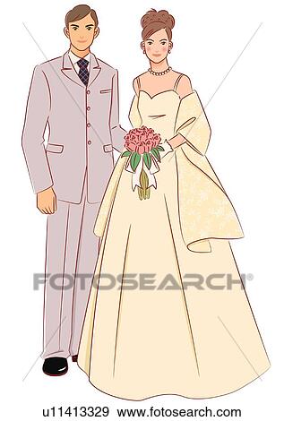 Bridal couple smiling and standing side by side, bride holding wedding bouquet made of pink flowers, front view View Large Illustration Stock Illustration - Bridal couple smiling and standing side by side, bride holding wedding bouquet made of pink flowers, front view. Fotosearch