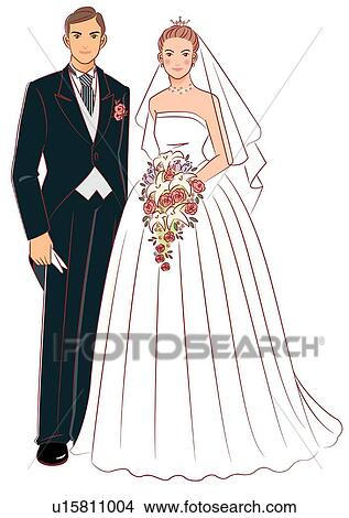 Bridal couple smiling and standing side by side, bride holding wedding cascade bouquet, front view View Large Illustration Stock Illustration - Bridal couple smiling and standing side by side, bride holding wedding cascade bouquet, front view. Fotosearch