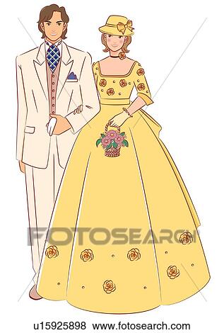 Stock Illustration - Bridal couple smiling and standing side by side, bride holding basket bouquet made of pink flowers, front view. Fotosearch