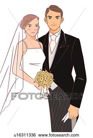 Stock Illustration - Bridal couple smiling and standing side by side, bride holding wedding bouquet made of yellow flowers, portrait. Fotosearch